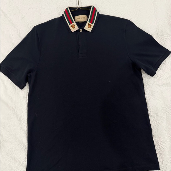 Gucci Navy Polo with Multicolor Striped Collar
